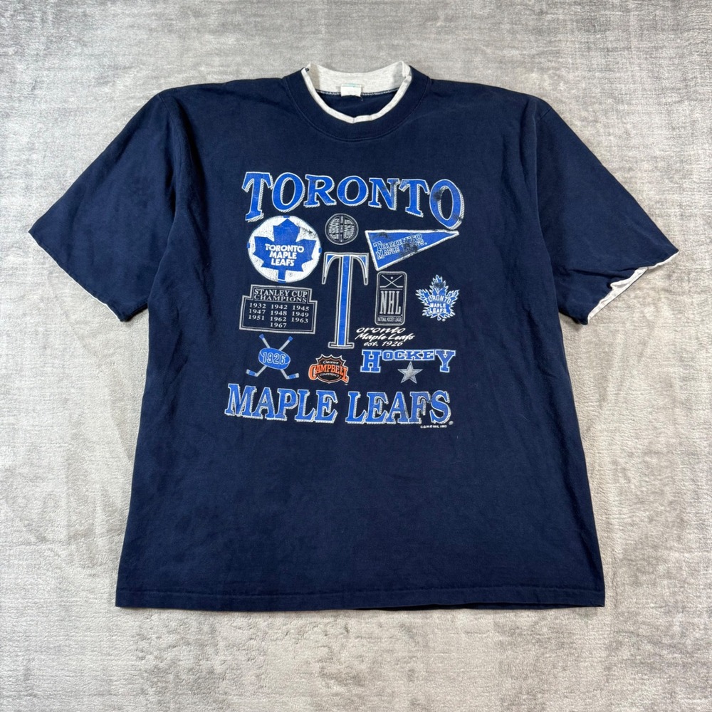 Vintage Toronto Maple Leafs Shirt Men XL Blue 1993 NHL Double Collar Waves